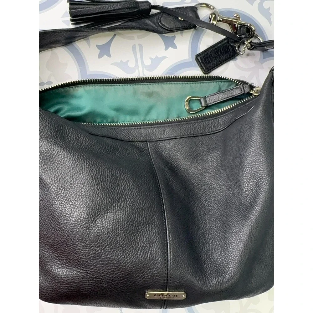 Coach 23960 Avery Pebbled Leather Tassel Hobo Shoulder Bag Tote‎ Black Classic
